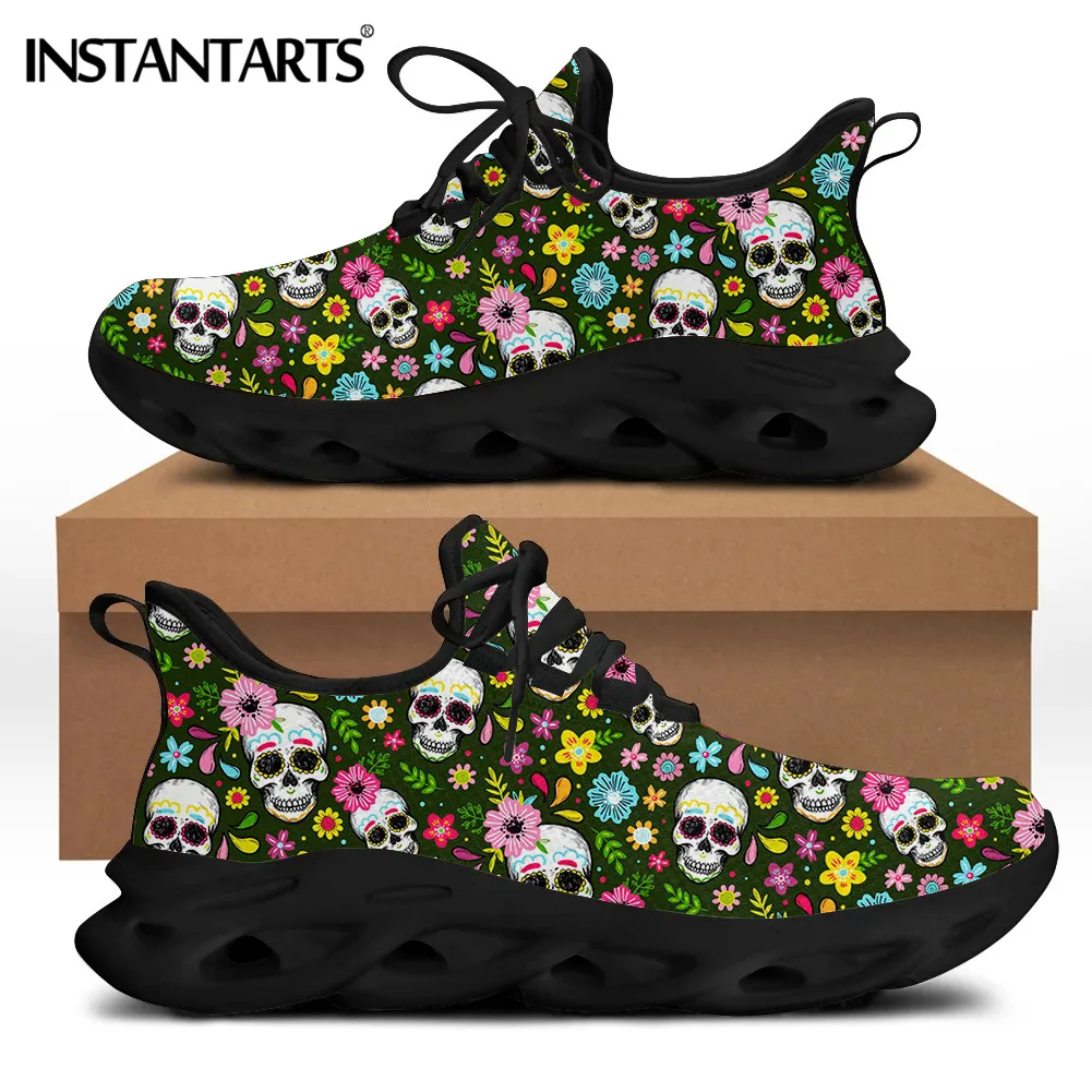 

INSTANTARTS Female Retro Skull and Wild Flowers Sport Shoe Spring Autumn Women Outdoor Walking Mesh Footwear Zapatos Mujer
