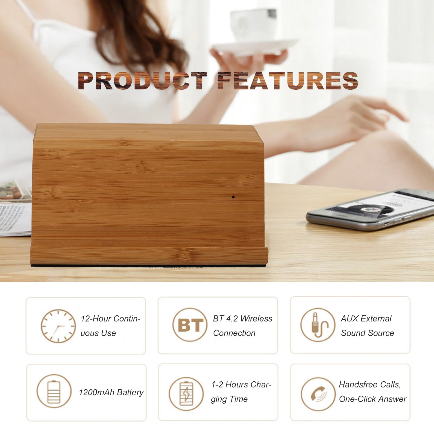 

muslady Carbonized Bamboo Intelligent BT Speaker with 1200mAh Built-In Lithium Battery Support 3.5mm AUX Plug BT Connection