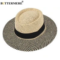 buttermere men panama hat summer straw pork pie sun hat wide brim male hand knitting black patchwork casual beach tribby hat