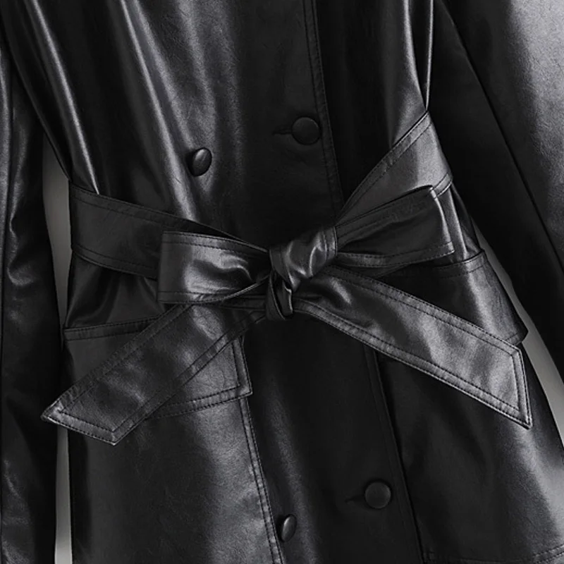 

Autumn Winter Women Faux Leather Jackets Blet With Black Ladies Loose Long Coats Turn Down Collar Girls Oversize Casual Outwear