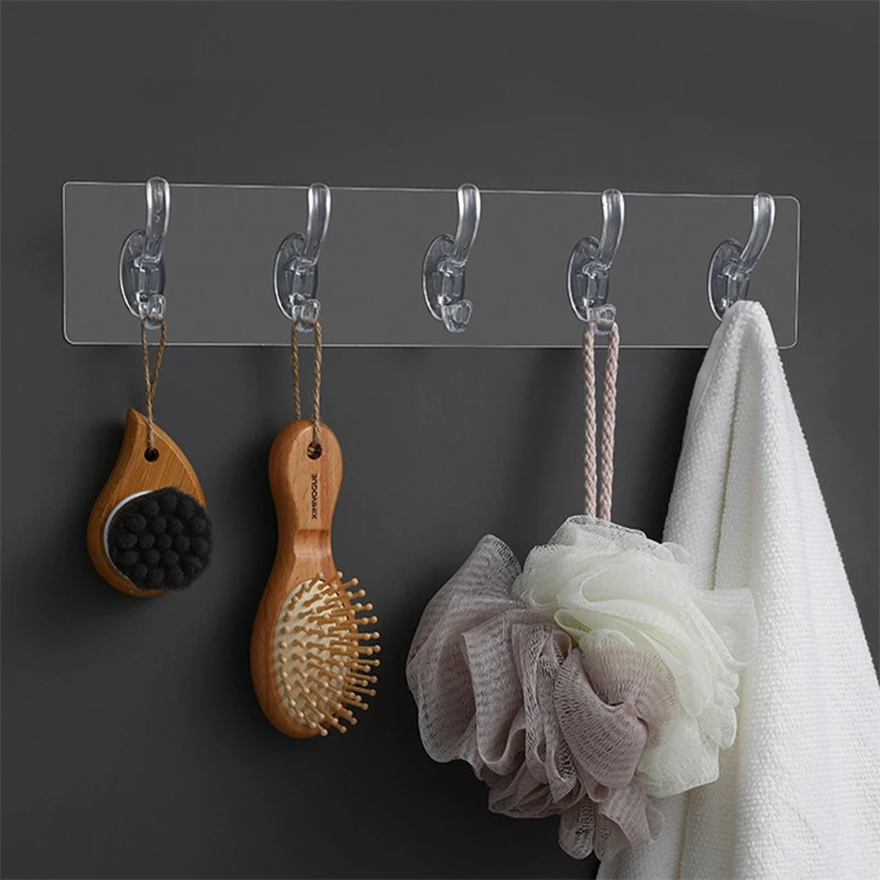 

3/5/6 Row Transparent Wall Hooks Self Adhesive Clothes Coat Door Hanger Towel Key Holder Bathroom Kitchen Storage Sticker Hook