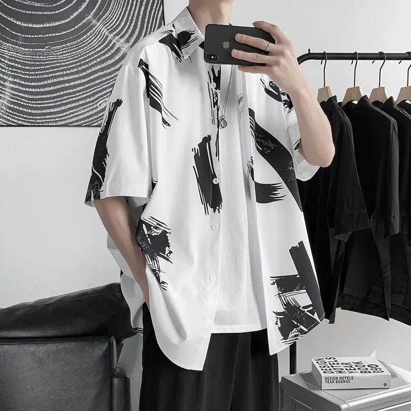 

Summer Short-sleeved Shirts Men's Fashion Printed Casual Shirts Men Streetwear Korean Loose Graffiti Shirts Mens Dress Shirts