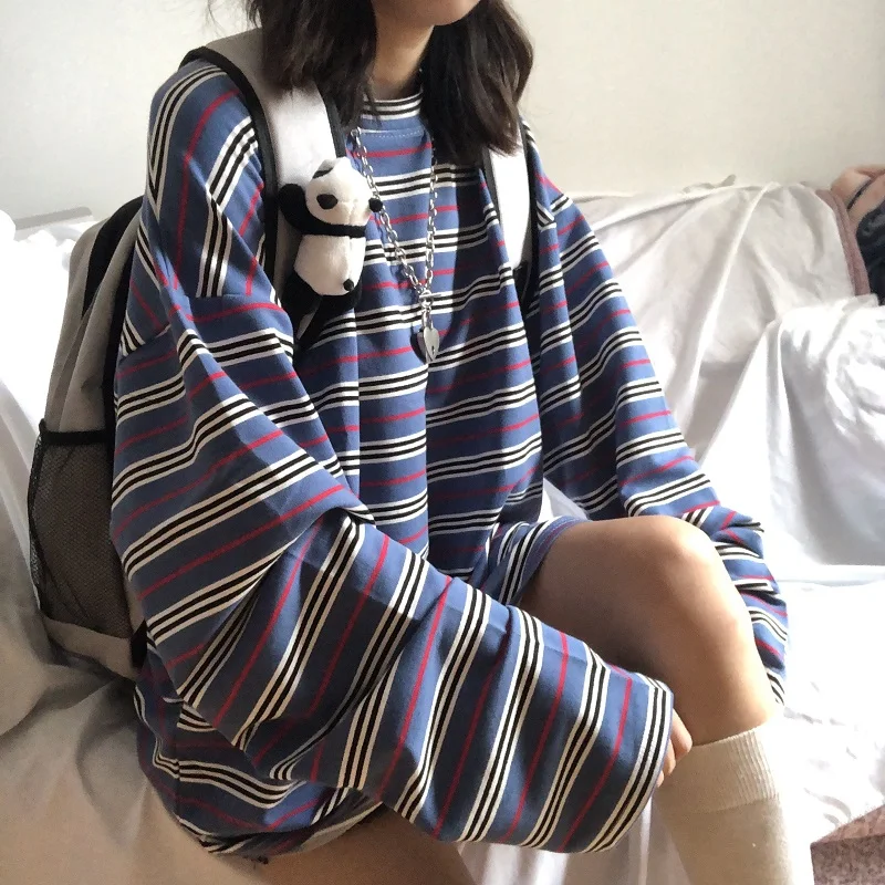 

Harajuku Loose T-shirts Women Spring Autumn Casual T-shirt Women O Neck Striped Long Sleeve Loose Top Hip Hop Streetwear