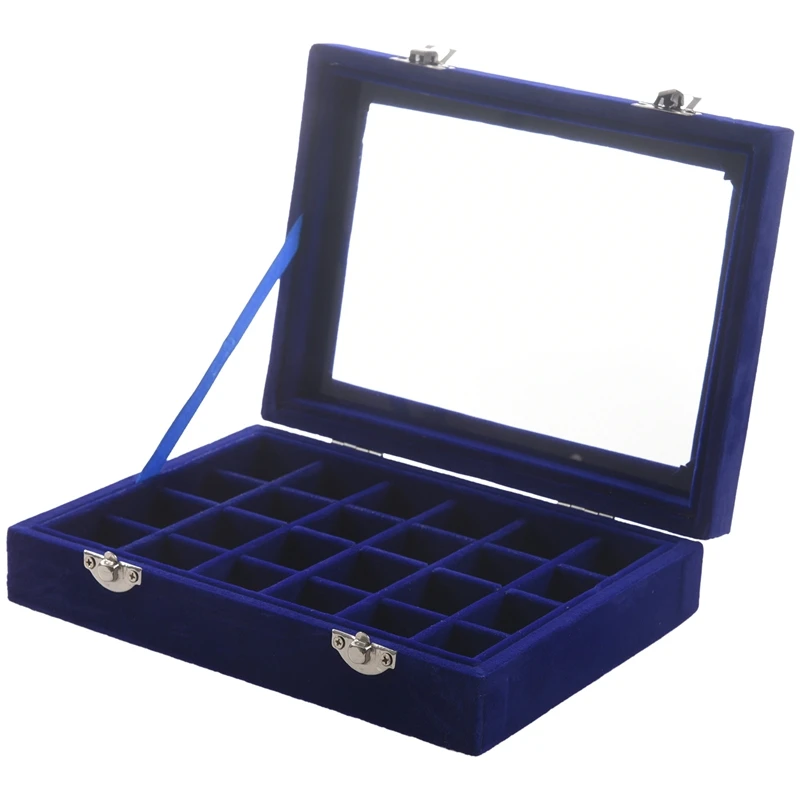 

24 grid Display Box Jewelry Storage Glass Bracelet Watch pillow Buckle Blue