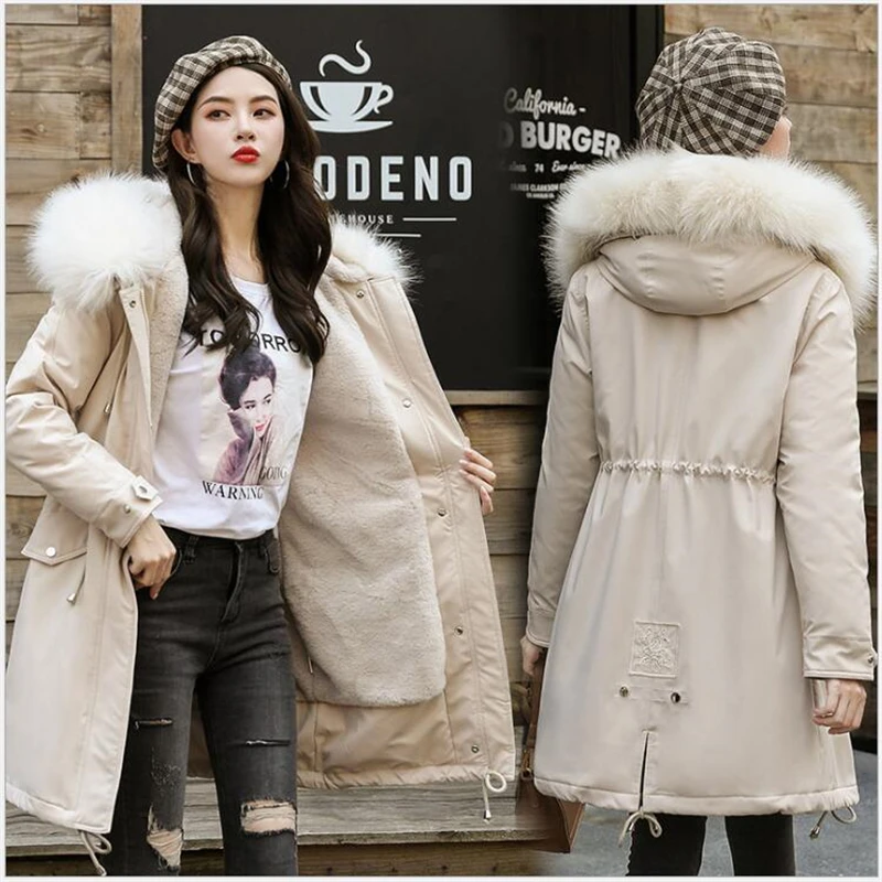 

2019 New Winter Women jacket Faux Fur Collar Hooded slim Long Lamb lining Coat Outwear Female Padded Jacket Parkas female R385