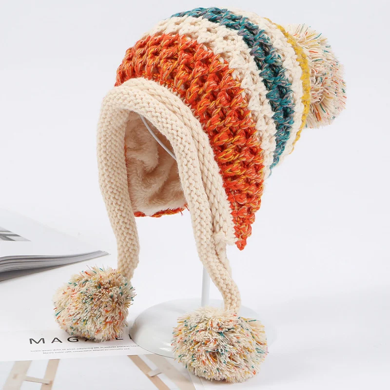 

2021 New Winter Knitted Hats Women Patchwork Pompon Balls Earflap Caps Ladies Warm Thick Winter Beanies Female Beanie Hat