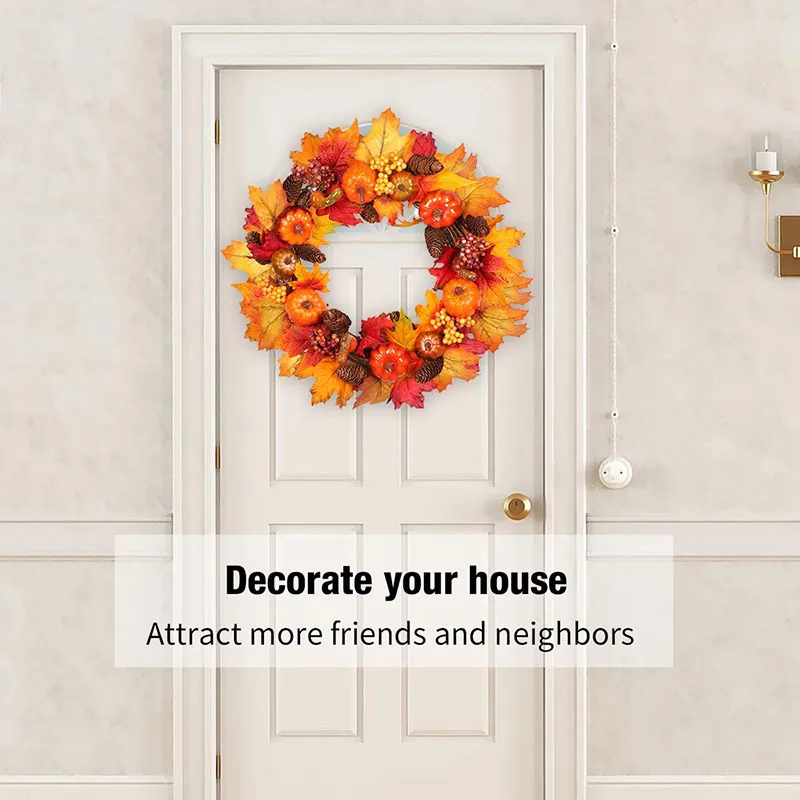 

Fall Wreath 17 Inch Front Door Wreath Christmas Wreath With Leaves And Red Berry Wreath For Autumn Halloween New