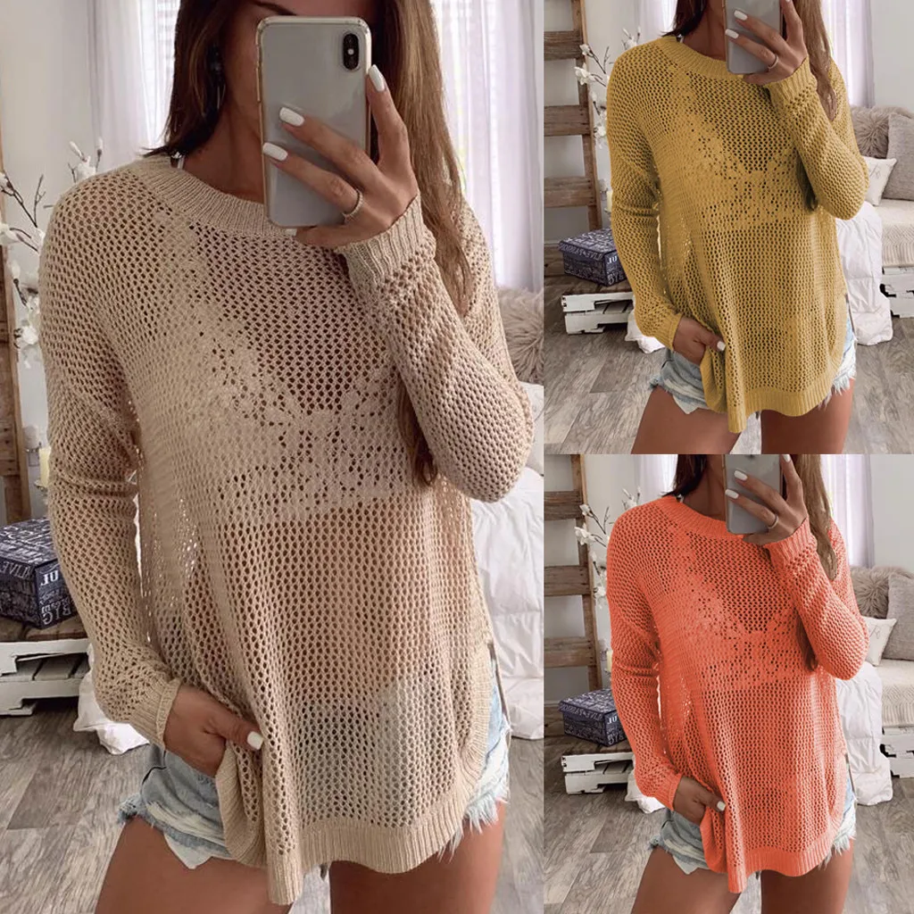 

CHAMSGEND women Knitted Sweater Sexy Hollow Out Tops 2019 Autumn Winter Jumpers woman Solid Long Sleeve Pullovers Sweaters #4Z