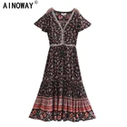 Винтажное шикарное Женское Платье макси с цветочным принтом птиц, коротким рукавом, богемное, искусственный хлопок, женское платье с глубоким V-образным вырезом на пуговицах, платья в стиле бохо