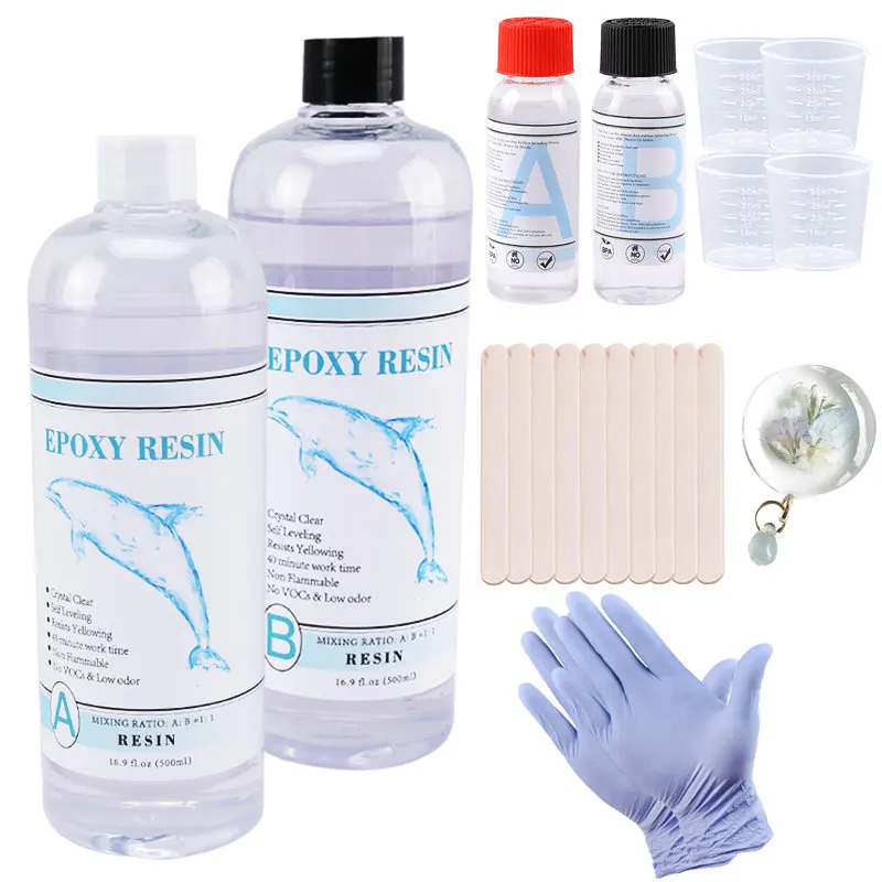 

1:1 Crystal Clear Epoxy Resin Kit 2 Parts Epoxy Casting Resin Kit with Measuring Cups, Stick, Silicone Gloves For Jewelry DIY