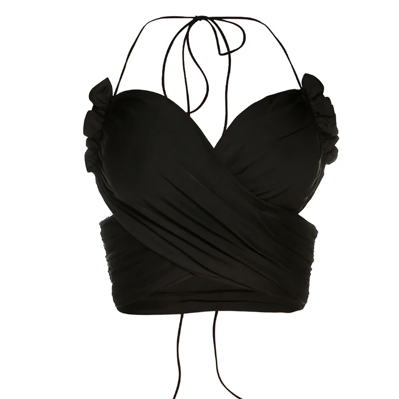 

Yitimuceng Korean Tank Top for Women Ruched Crop Tops Black Short Corset Sexy Club Sling Crop Clothing 2021 Summer Fashion New