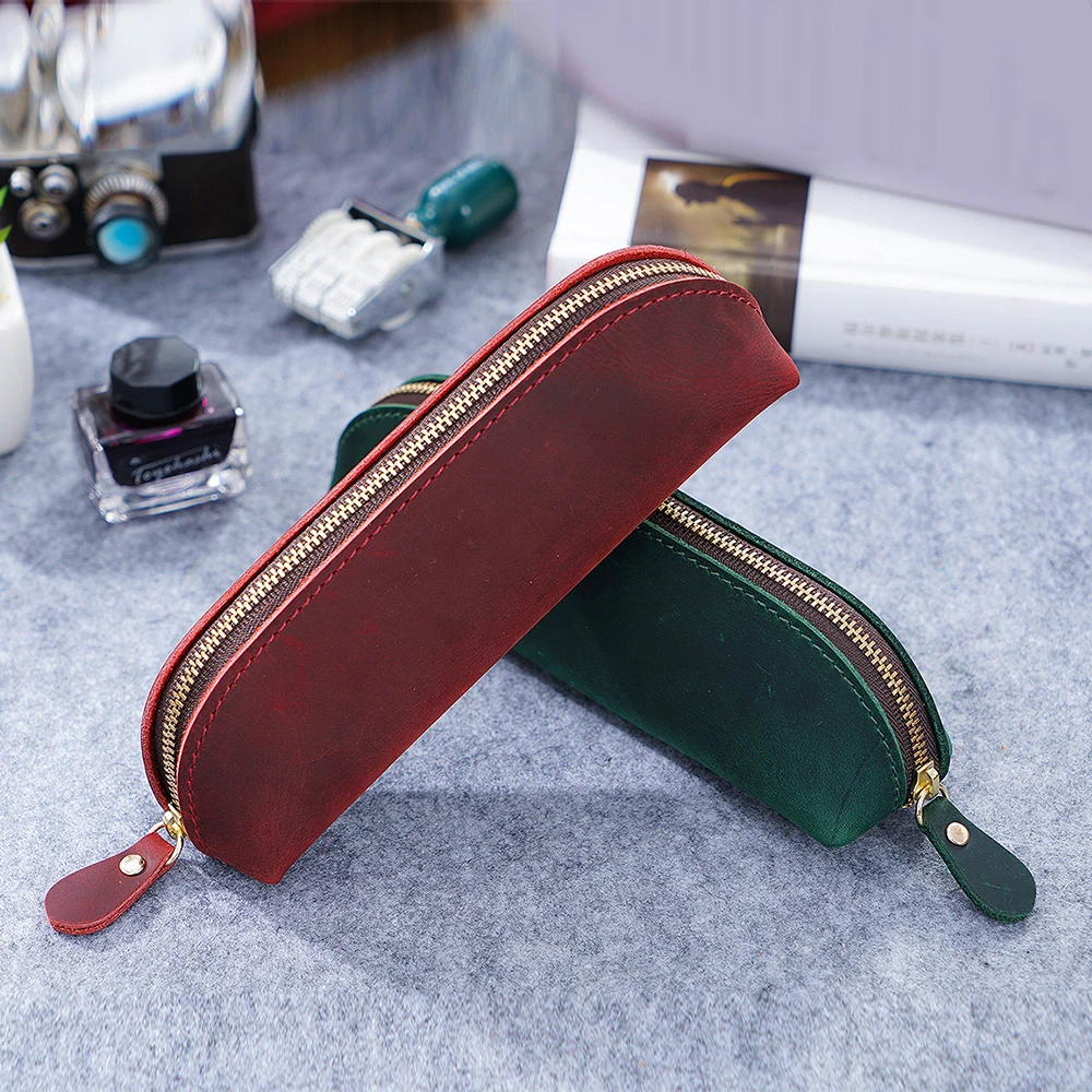Moterm Handmade Genuine Leather Zipper Pen Pencil Bag Vintage Retro Style Creative School Stationary Accessories Free shipping|pencil bag|pen