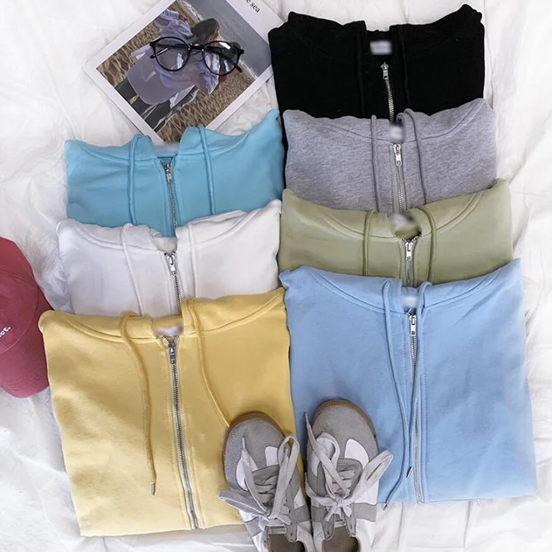 

Худи женское однотонное на молнии, с длинным рукавом и карманами