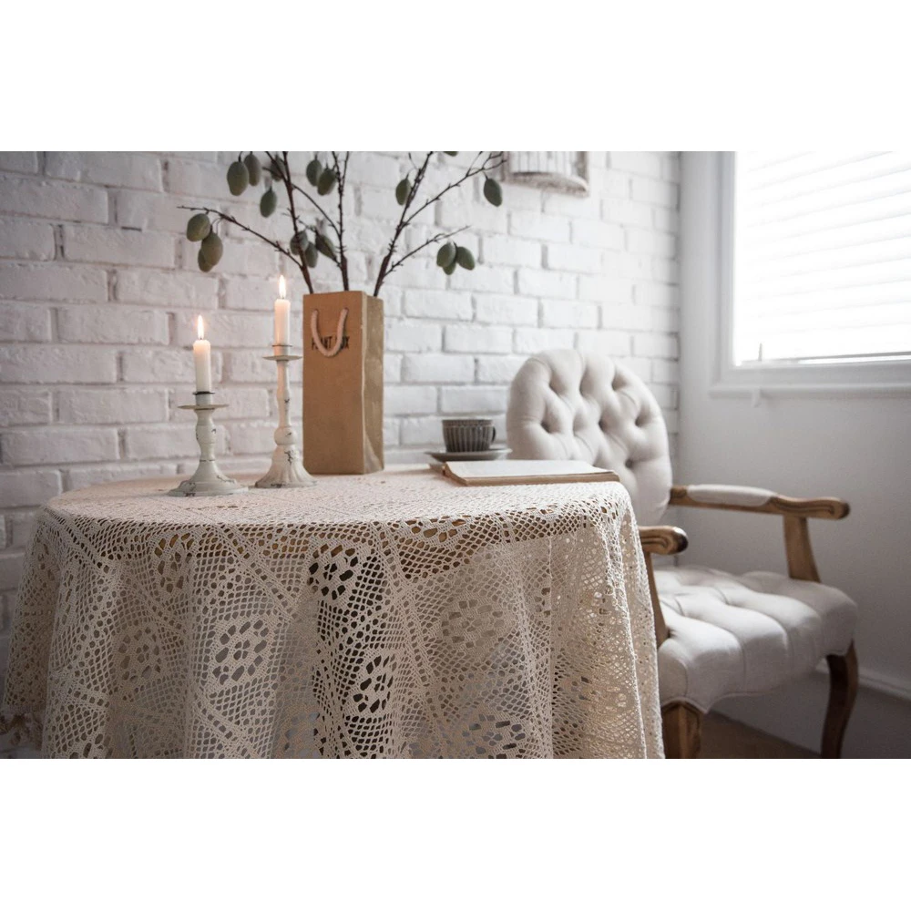 

Europe Pastoral Handmade Hollow Woven Tablecloth Hollow Lace Dustproof Table Cloth Wedding Banquet TV Cabinet Cover Cloth