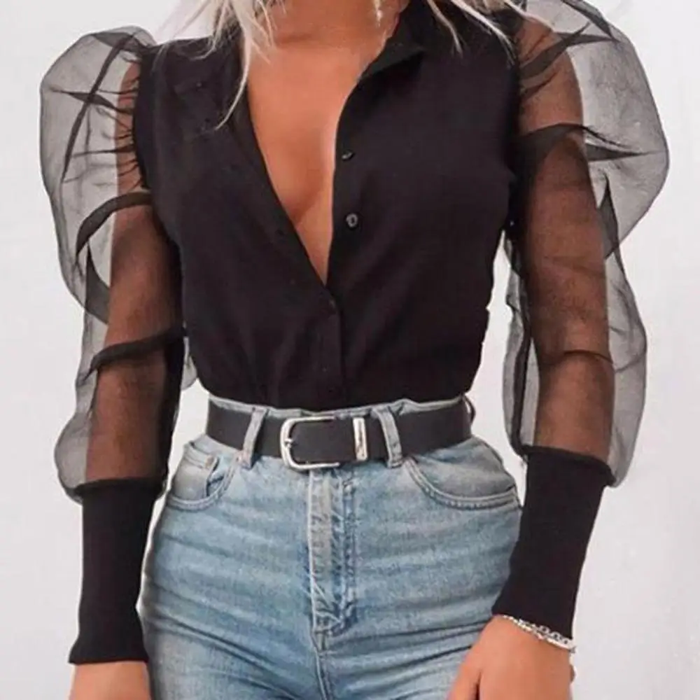 Женская сексуальная Стильная однотонная черная блузка женская модная со стоячим