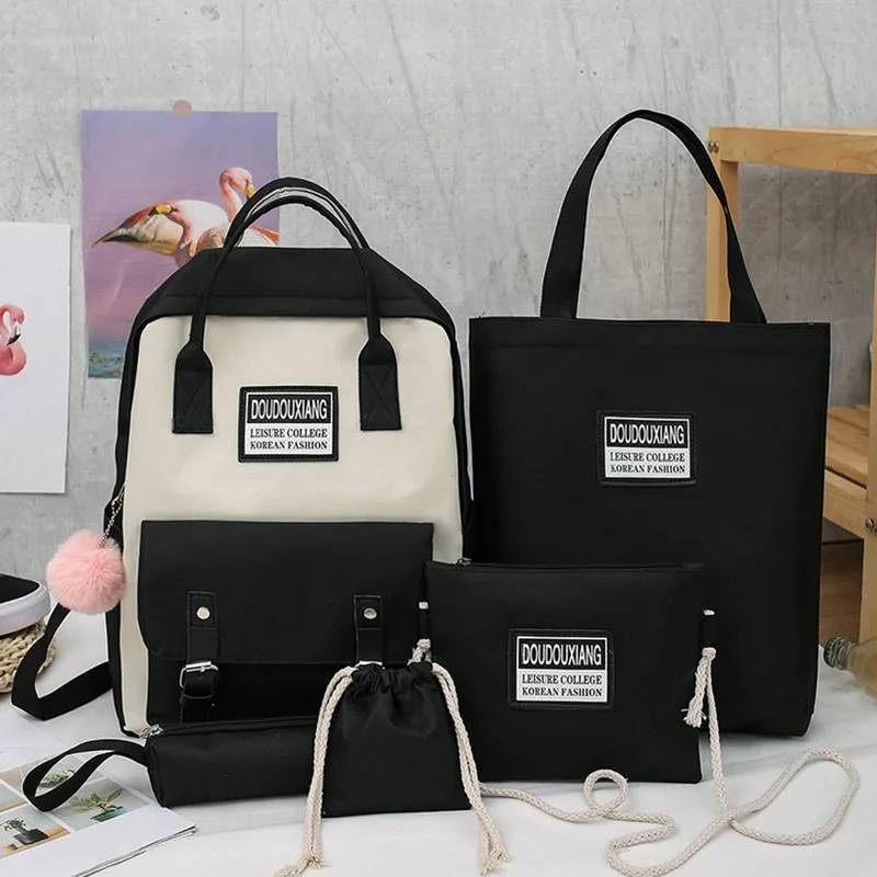 

5 Piece Set New High School Bags For Teenage Girls 2021 Canvas Travel Backpack Women Bookbags Teen Student School Bag
