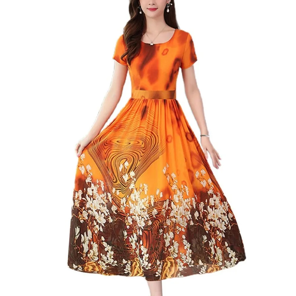 

Women's Summer Flare Short Sleeve Casual Long Dresses Floral Party Midi Dress