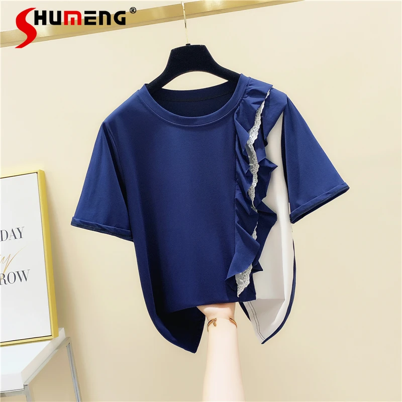 

Женская хлопковая Футболка составного кроя, розовая футболка с короткими рукавами и оборками, креативная свободная кружевная блузка с круг...