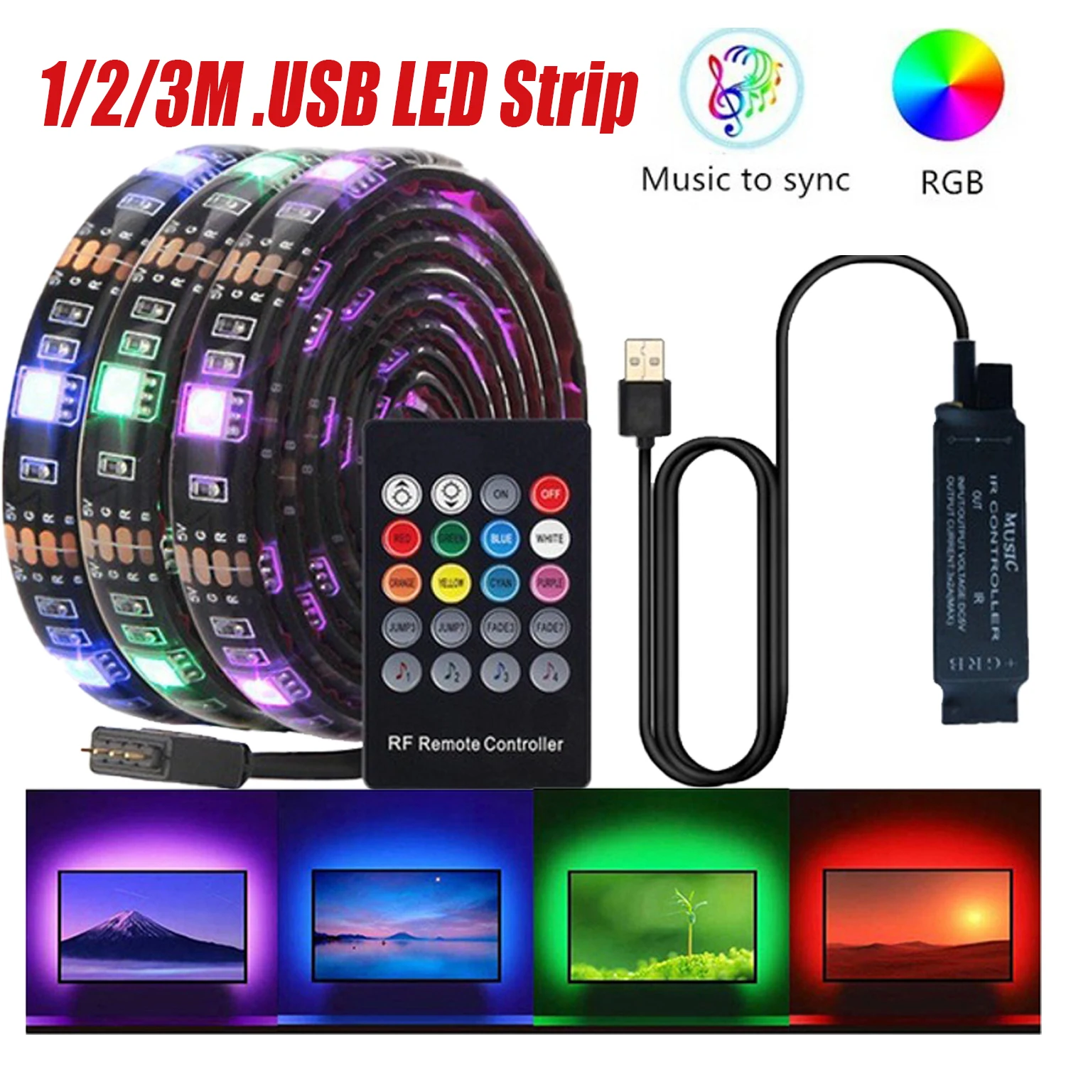 

Светодиодная лента 5050 RGB с дистанционным управлением, USB, 1/2/3 м