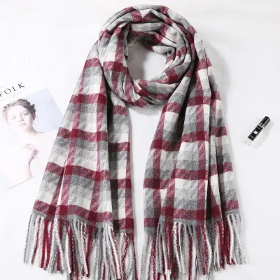 Burgundy Plaid Новинка, настоящий кашемировый шарф, палантин, Клетчатые Шерстяные шарфы для женщин, зимние теплые женские пончо, накидка, модные женские 100 пашмины шали - Цвет: Burgundy Plaid