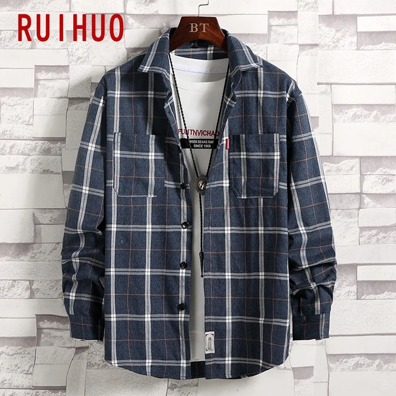 

RUIHUO 2021 New Spring Long Sleeve Plaid Shirt Men Slim Fit Cotton Smart Casual Shirts Men Clothing Fashion Brand Tops M-4XL