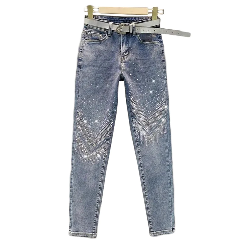 2021 Spring Autumn Heavy Industry Hot Rhinestone Skinny Jeans Women Elastic High Waist Nine Points Pants Womens Denim Overalls