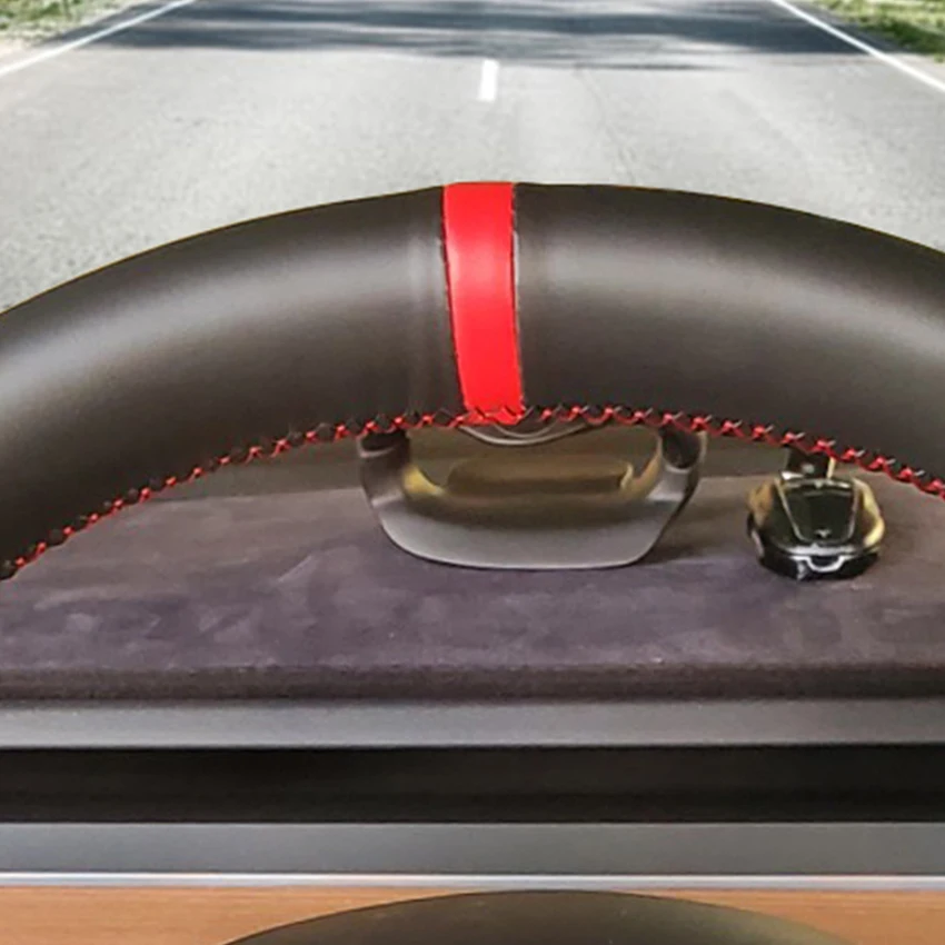 

LQTENLEO Black Genuine Leather Hand-stitched Car Steering Wheel Cover For Tesla Model 3 2015-2020 Model Y 2019 2020
