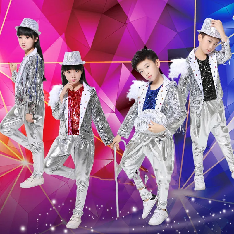 

New Children's Street Dance Suit Sequins Jazz Dance Suit Rack Drum Performance Costume Men and Women Autumn Winter Long Sleeves