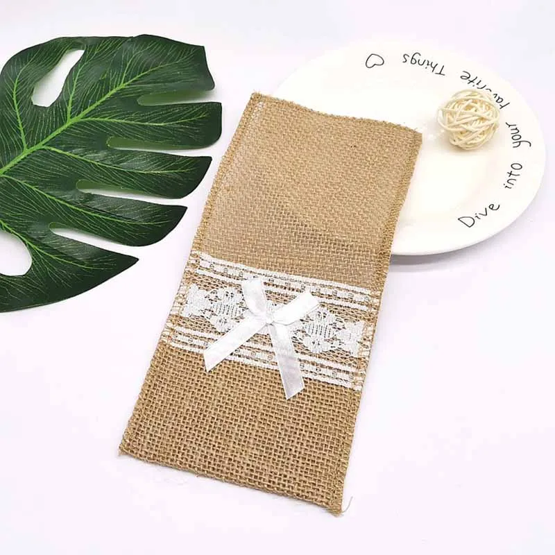5Pcs Jute Linen Lace Cutlery Bag Prefer Country Decoration Retro Wedding Party Birthday Tableware Supplies Holder | Дом и сад