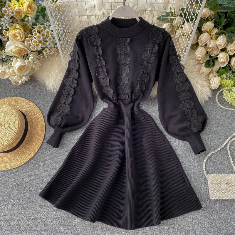 

Beautiful Retro Knitted Dress Women Stand Collar Puffy Sleeve Lace Decorated Patchwork Chic Sweater Dress