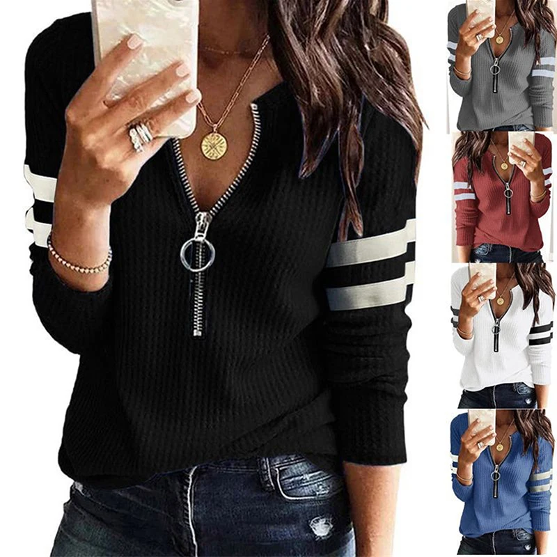

Women T Shirt Long Sleeve Zipper Loose Spring Autumn Fashion Casual Striped Print Ladies Top Sexy V-Neck Pullover Tee all-match