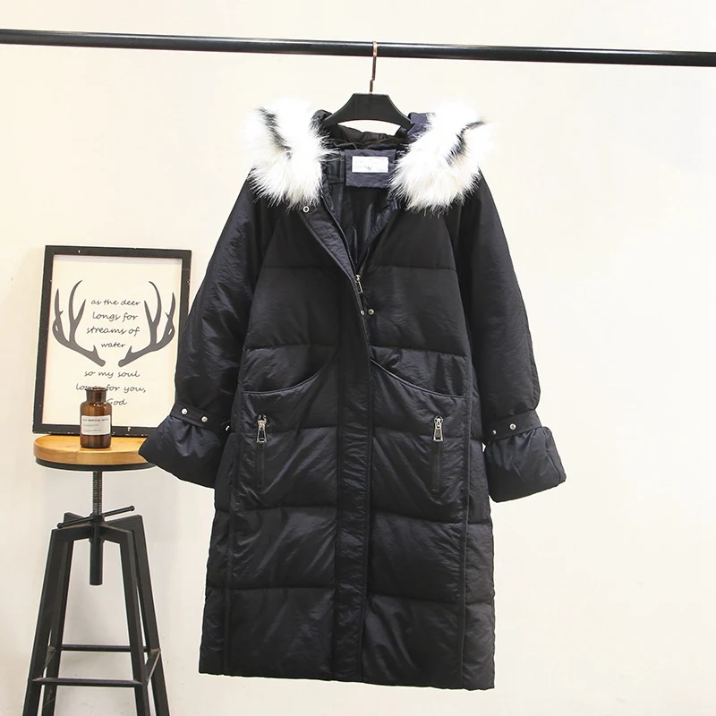 Женская зимняя куртка с капюшоном длинная однотонная модная меховым воротником