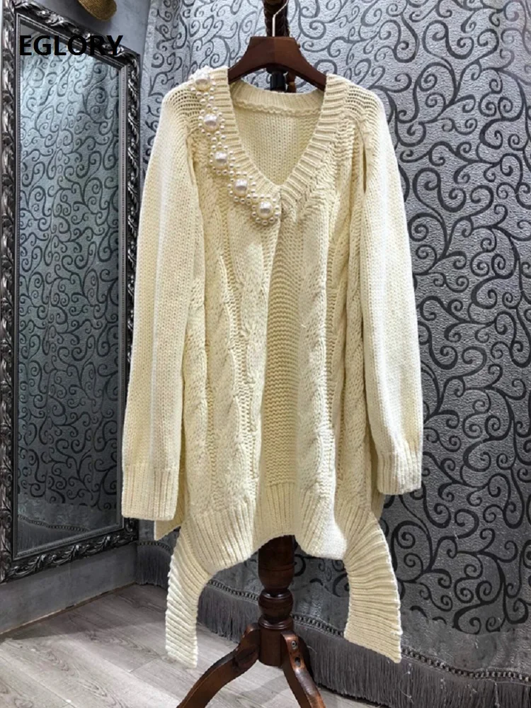 

Женское вязаное платье-свитер, повседневное свободное трикотажное платье с V-образным вырезом и длинным рукавом, Осень-зима 2020