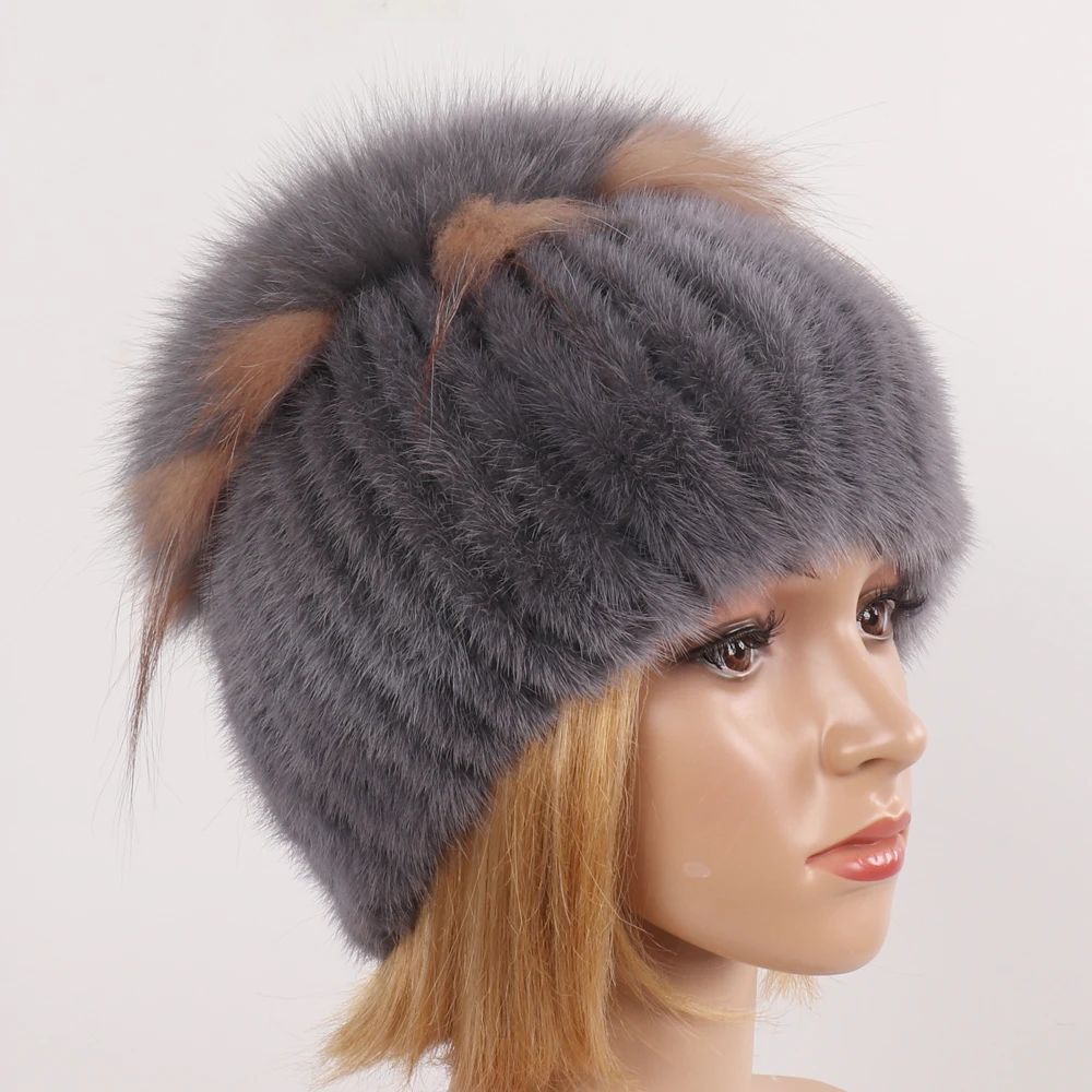 Женская шапка бомбер ручной вязки из натурального меха норки шапки лисьего