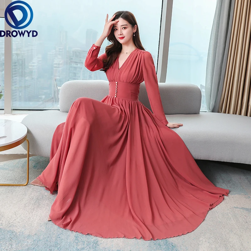 Женское шифоновое платье с V-образным вырезом длинное однотонное приталенное