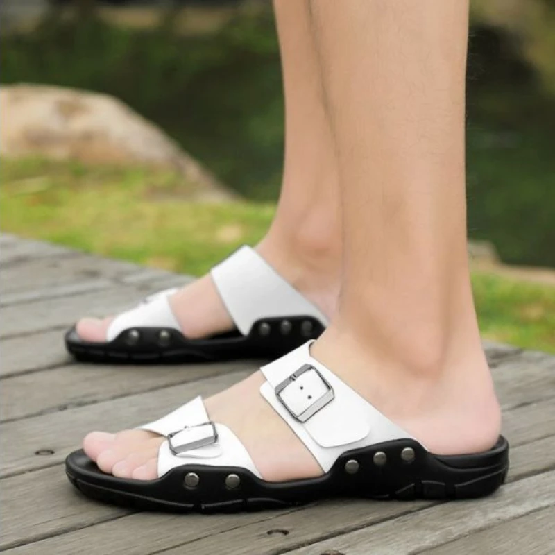 Мужские сандалии из ПУ кожи с двойной пряжкой на мягкой нескользящей подошве