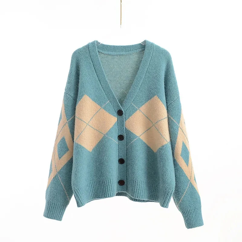 

Женский однобортный свитер с узором ромбиками, Теплый Вязаный Свитер оверсайз с V-образным вырезом в Корейском стиле, Осень-зима 2021