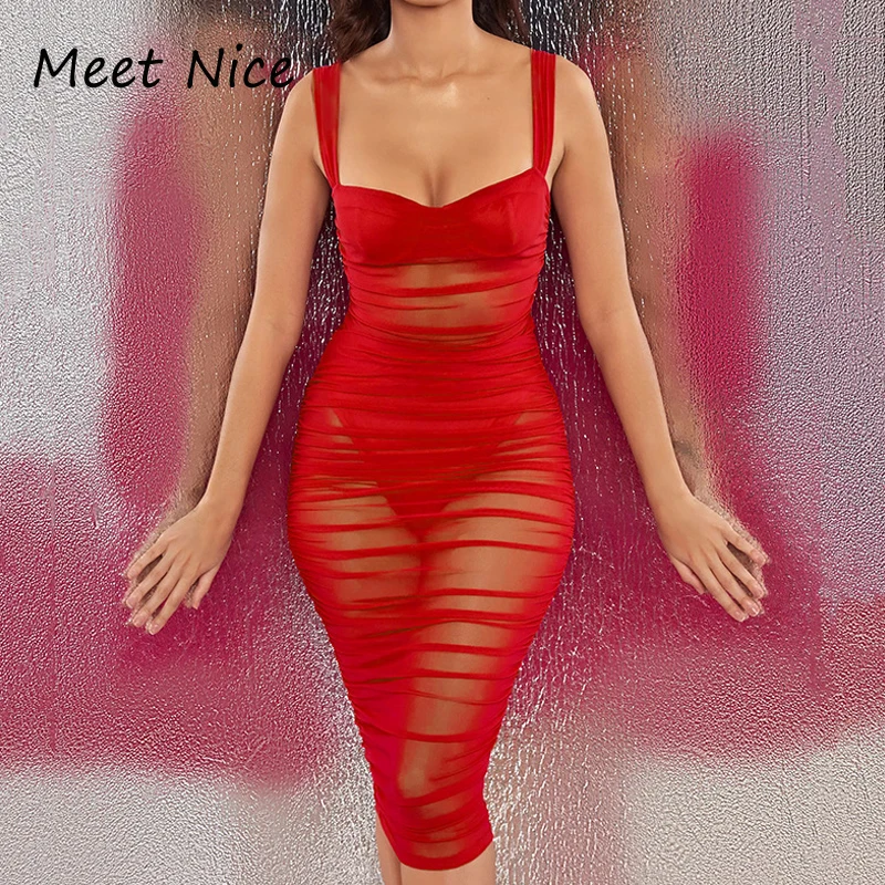 Плиссированное Сетчатое сексуальное платье На Бретельках Платье До Колена без