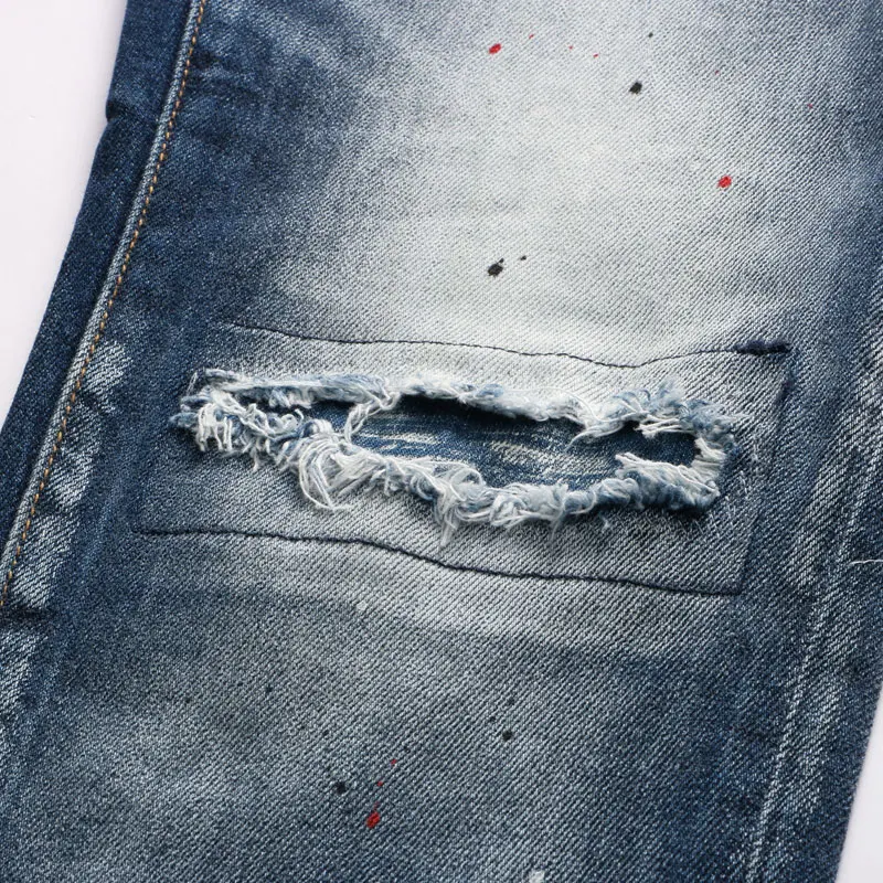 European American Streetwear Fashion Men Jeans Retro Blue Slim Fit Ripped Jeans Men Patches Designer Hip Hop Denim Punk Pants