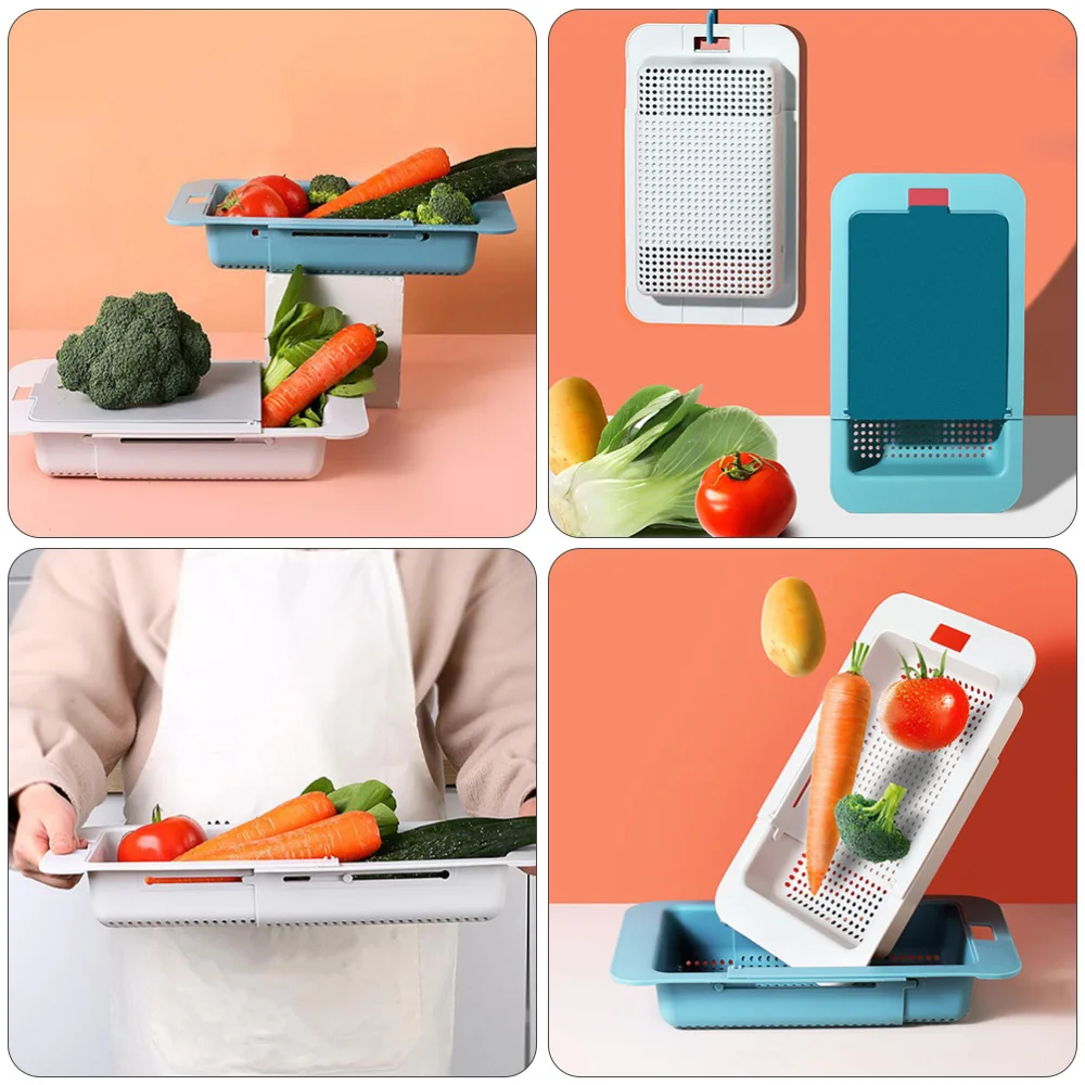 

Retractable Kitchen Drain Basket Vegetable Washing Basket with Chopping Board