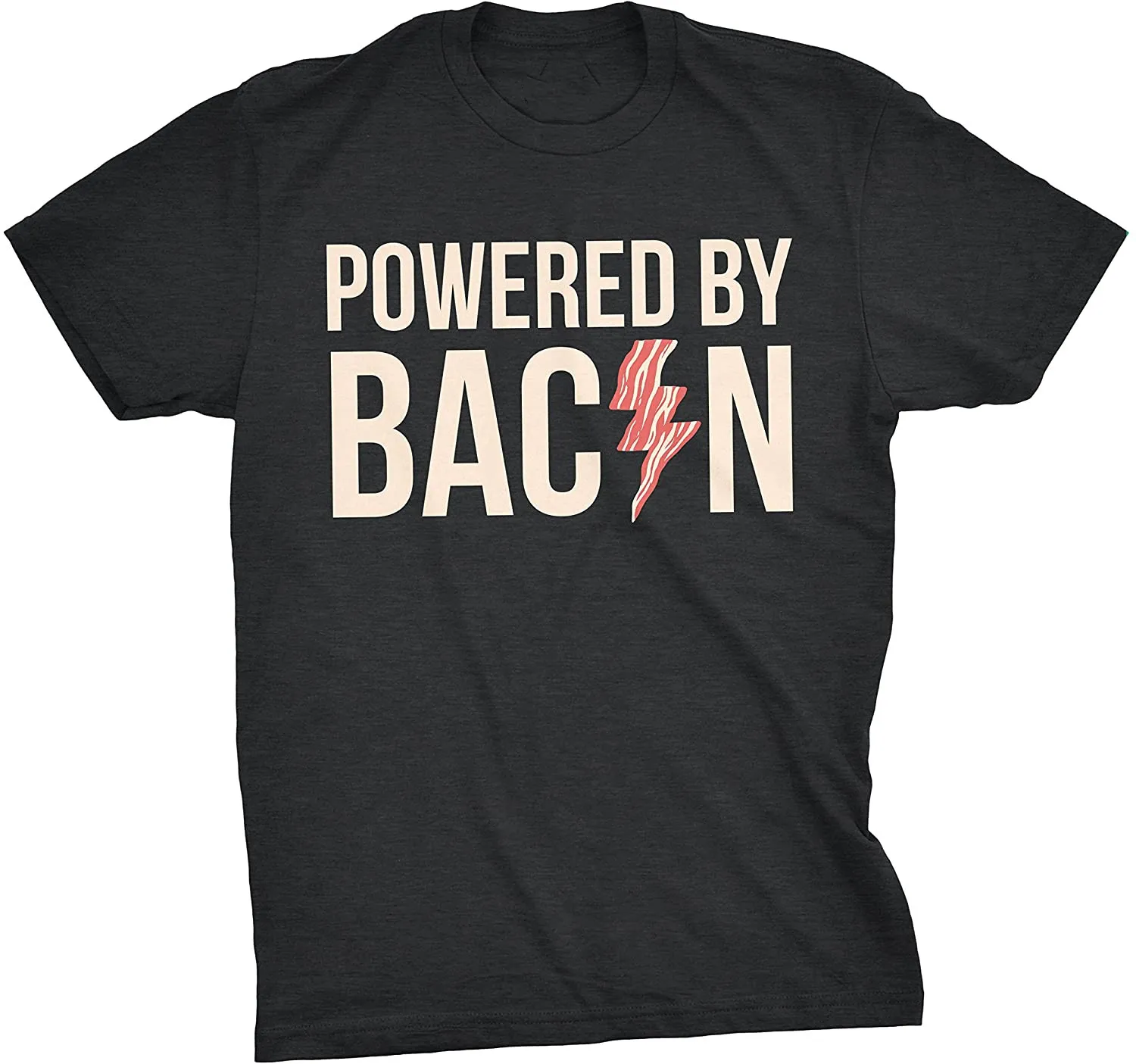 

Mens Powered by Bacon T Shirt Funny Food Love Apparel Sarcastic Saying Gift