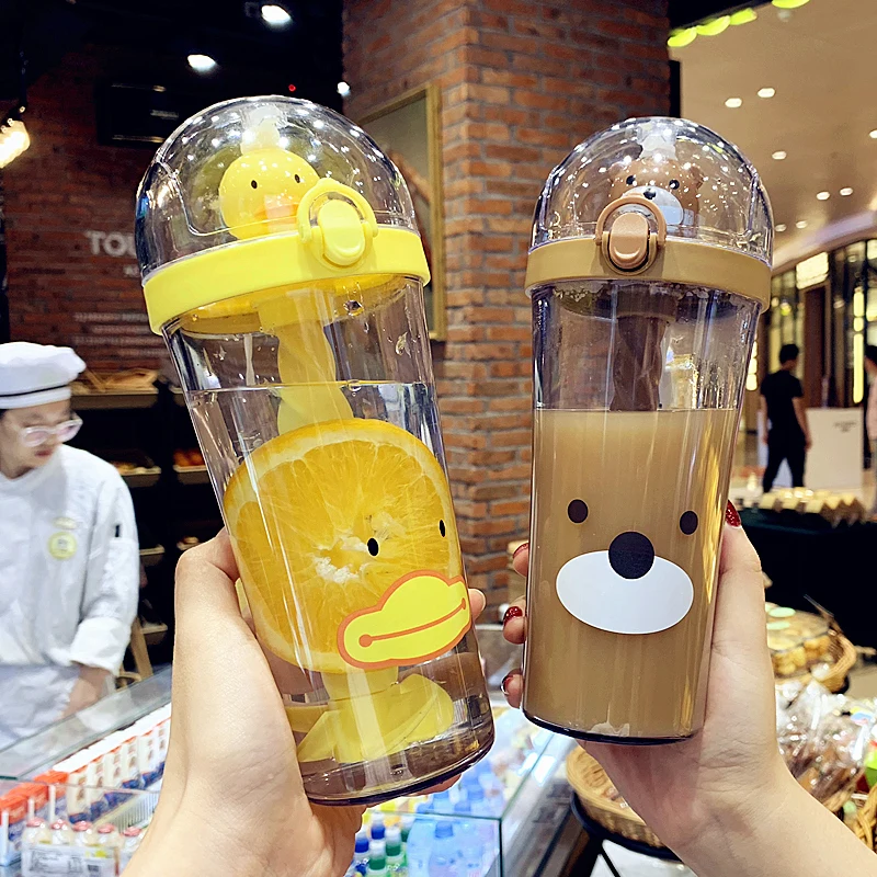 

2020 Hot Plastic Water Bottle With Straw 500mL large Capacity For Student Adult Kids Cartoon Animal Water Straw Cups