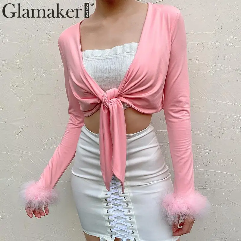 Glamaker розовая с узелком рукавом перьями короткая женская блузка бандаж модная