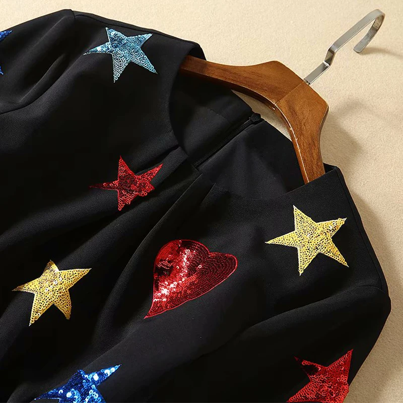 

SEQINYY Black Dress 2020 Spring Autumn New Fashion Design Long Sleeve Colorful Star Sequins Mini Dress Casual Women