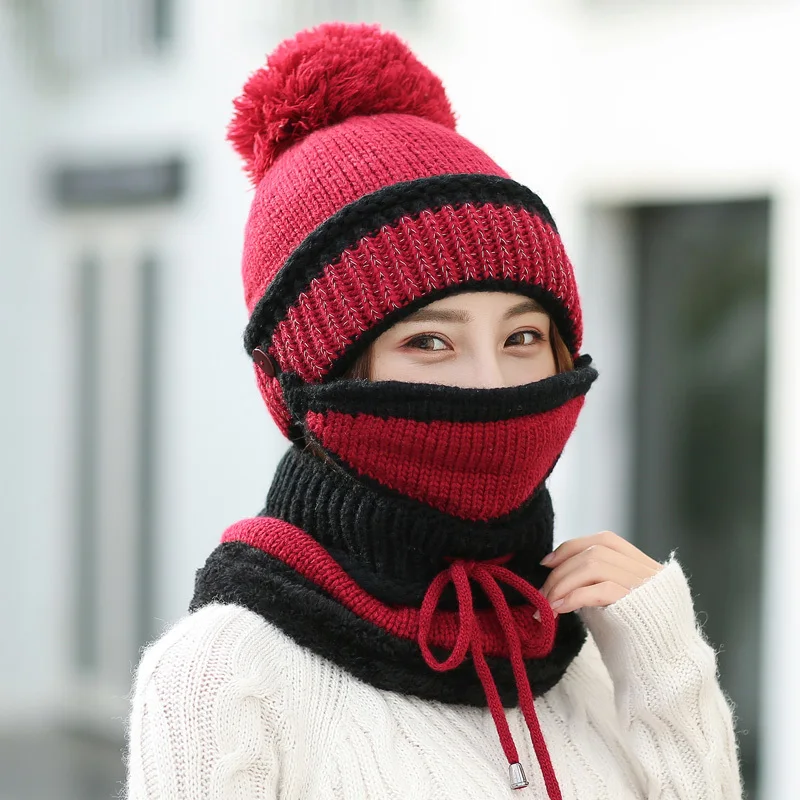 Теплая Зимняя шерстяная вязаная шапка маска воротник три части уход за кожей