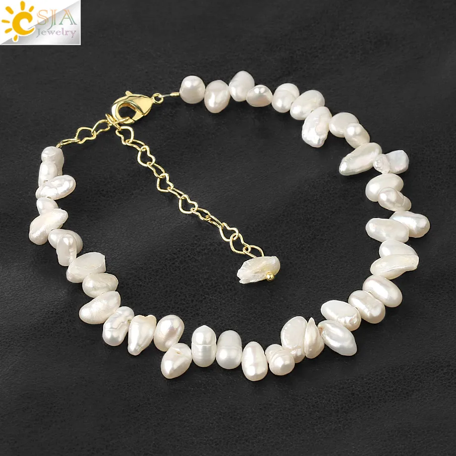 CSJA Irregular Natural Pearl Strand Bracelets Baroque White Bead Gold Color Adjustable Bracelet for Women Girl Jewelry Gift G569 | Украшения