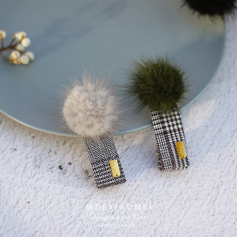 

New 100% Real Mink Fur Ball Plaid Hair Clip HairPins For Women Girls Sweet Hairgrips Barrettes Fashion Kids Hair Pin Accessories