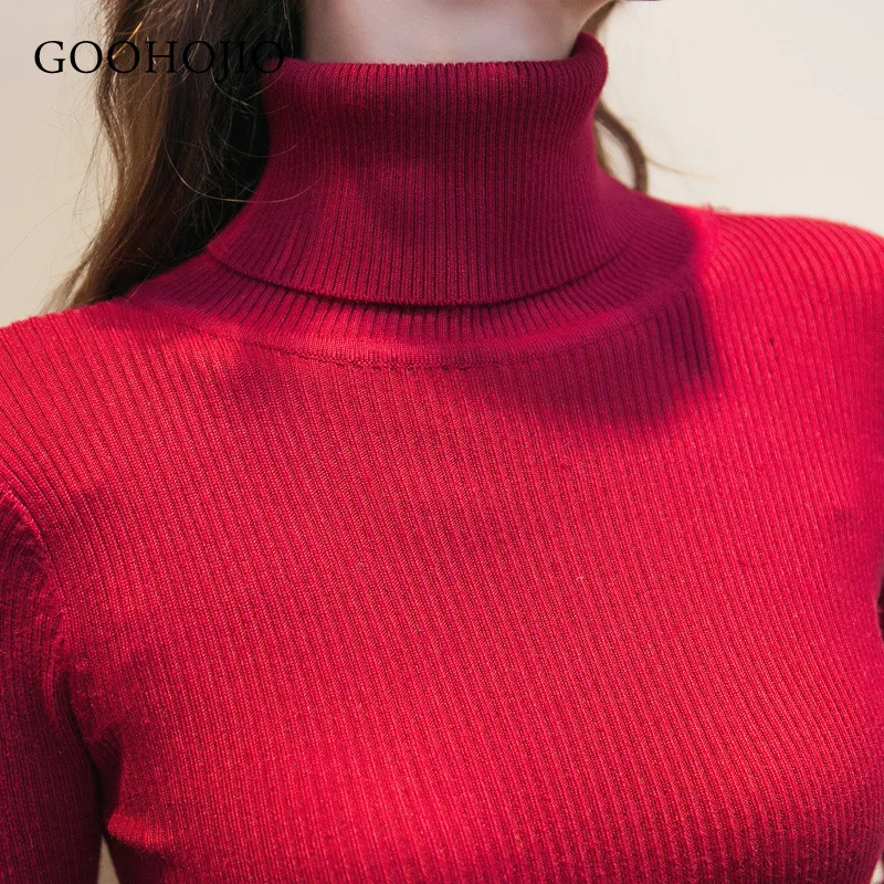 

GOOHOJIO 2020 New Slim Pullover Long Sweater Women Autumn Winter Turtleneck Sweaters Women Solid Color Ladies Thicken Sweater