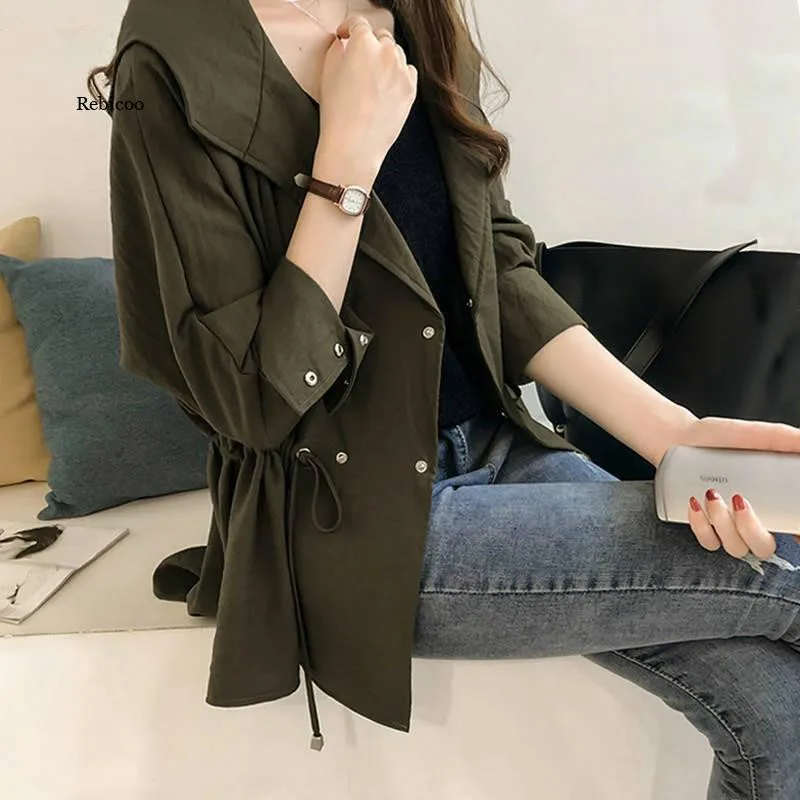 

2021 Fall Coat Long Sleeve Pure Color Cute Casual Double Breasted Army Green Women's Coat Jacket