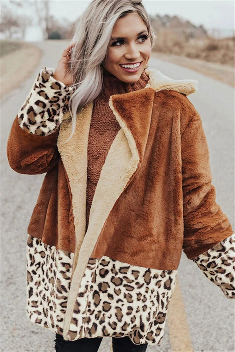 

Fashion Women Winter Warm Clothes Coats Long Sleeve Fleece Leopard Coat and Jackets Elegant Loose Cardigan Top Ladies Streetwear